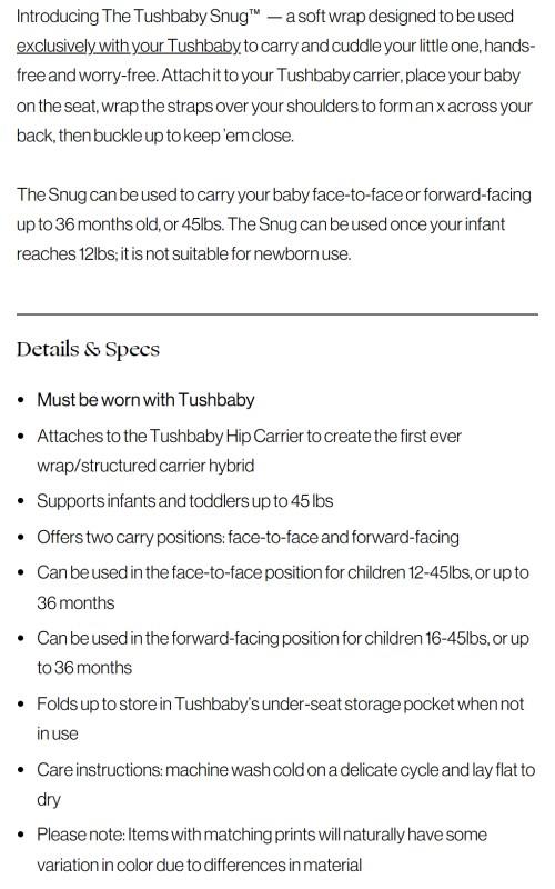 Tushbaby Hip Seat Hands-Free Attachment- Baby and Toddler Carrier Up to 36 Months or 45 Pounds