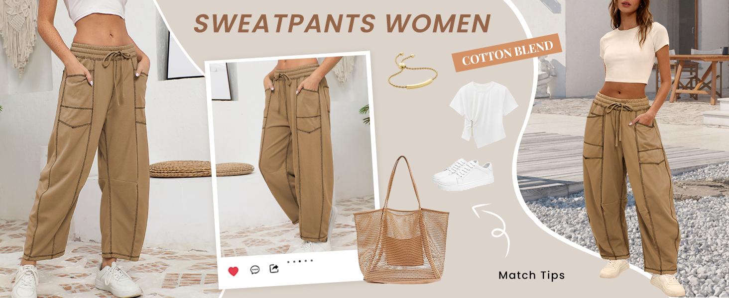 Tanming Womens Baggy Barrel Wide Leg Yoga Lounge Pants Drawstring Waist Pockets Athleisure Style Casual Sweatpants Comfortable Loose Fit Bottoms for Women Summer Casual Wear,back to school shopping