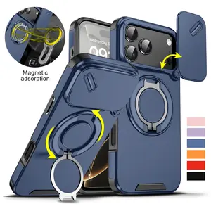 For iPhone 17 16 15 14 13 12 Pro Max with Slide Camera Case, 360 Rotated Ring Kickstand Holder Military Grade Shockproof Protective Cover