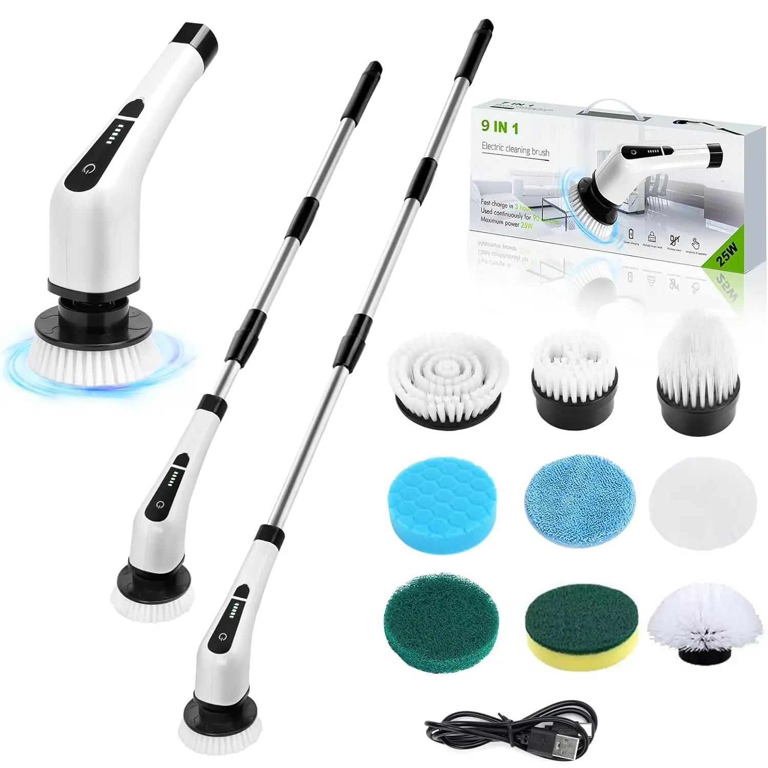 Wireless Electric Spin Scrubber Mop with Expandable Arm, 9 Cleaning Brush Heads, IPX7 Rated, Adjustable Scrub Speed Control, Long-Lasting Battery, Durable Multi-Purpose Cleaner for Bathroom, Kitchen, Waterproof, Sturdy