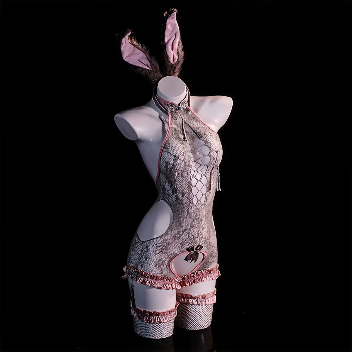 Sexy Lingerie Bodysuit for Women, Cheongsam-Inspired Lightweight Mesh, Backless Ruffled Bunny Costume for Nightclub Wear, Fashion, Fabric, Comfortable, Ruffled Trim, See-Through