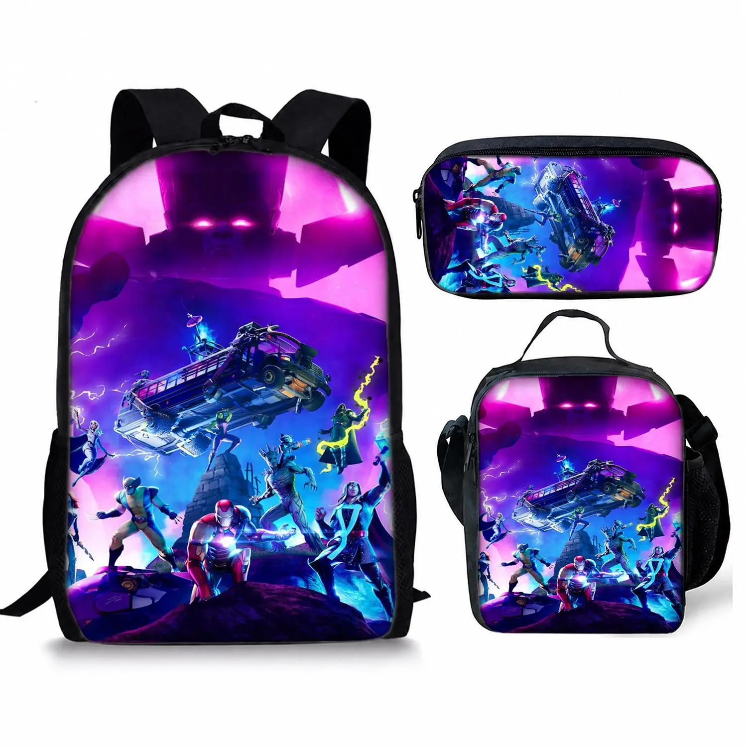 17 inch Gaming Pattern Backpack 3-Pcs Set, Lightweight Waterproof Schoolbag with Lunch Box Pencil Case, Ideal Gamer Gift