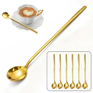 【AREL】6-Piece Extra-Long Gold 18/10 Stainless Steel Cutlery Set (Long-Handle Coffee & Tea Spoons) – Dishwasher Safe, Ideal for Stirring Coffee, Enjoying Desserts, or Afternoon Tea