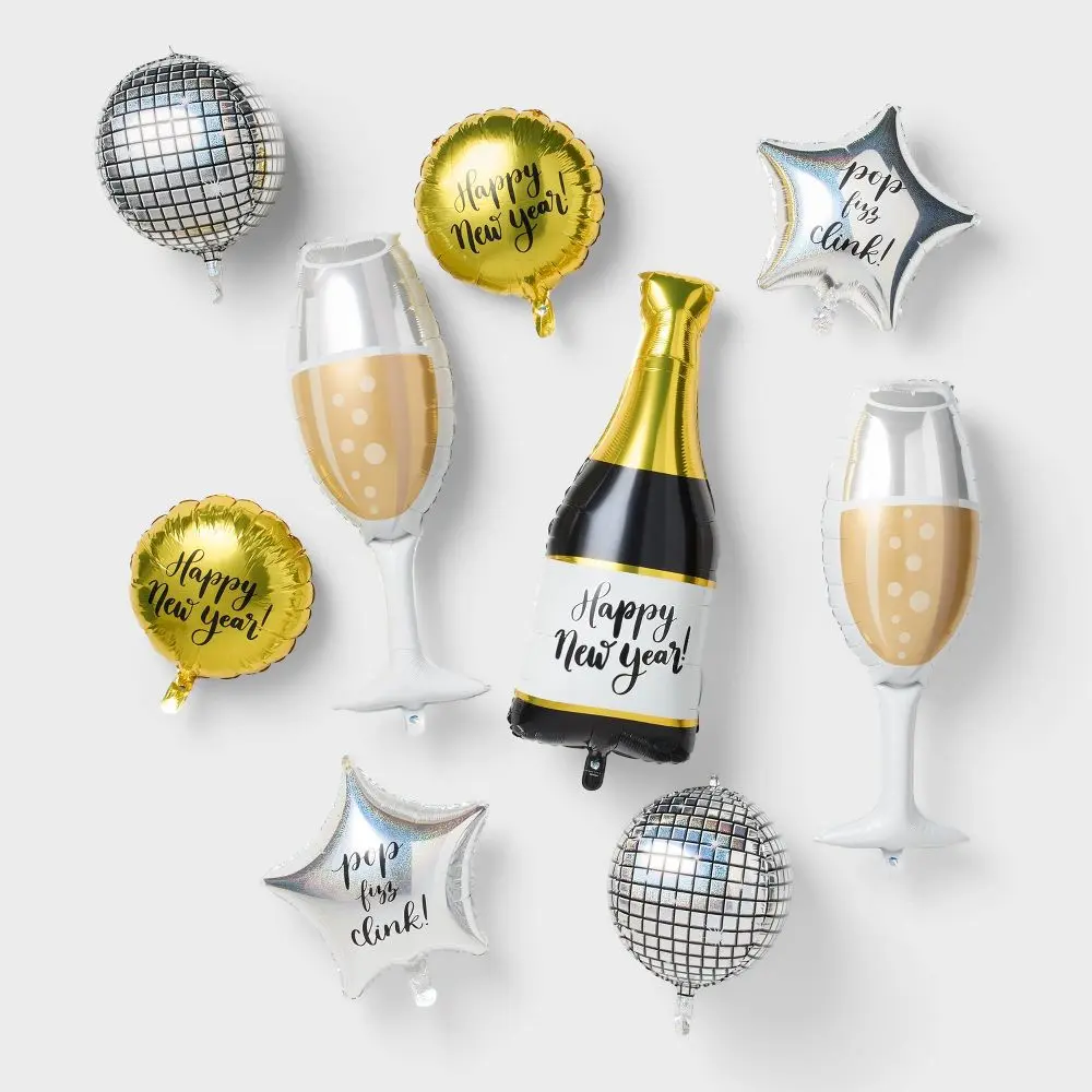 9ct Spritz Pre-Inflated Helium Foil Balloon Bundle, Happy New Year Decorations, Festive Balloon Decoration for New Year's Eve