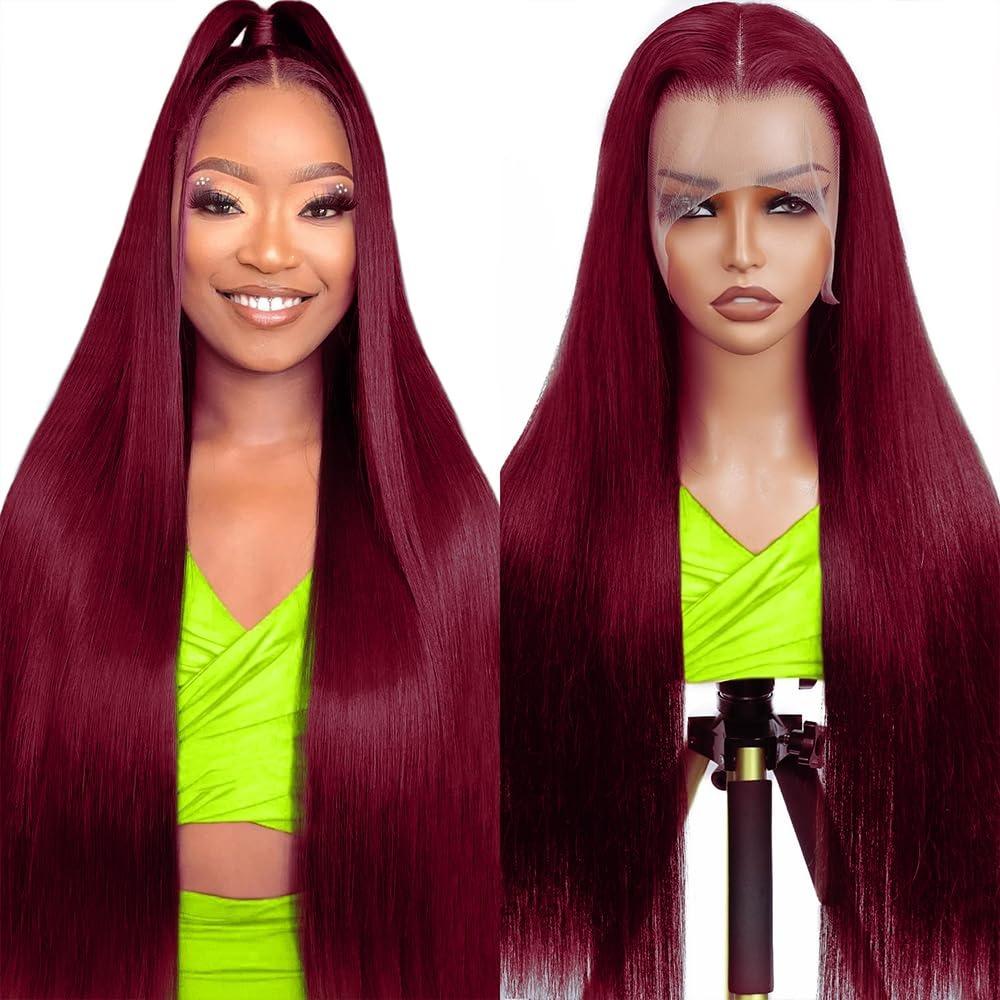 99J Burgundy 13x6 Hd Transparent Lace Frontal Wig Pre plucked Straight /Body Wave Lace Front Wigs Human Hair For Women 180% Density