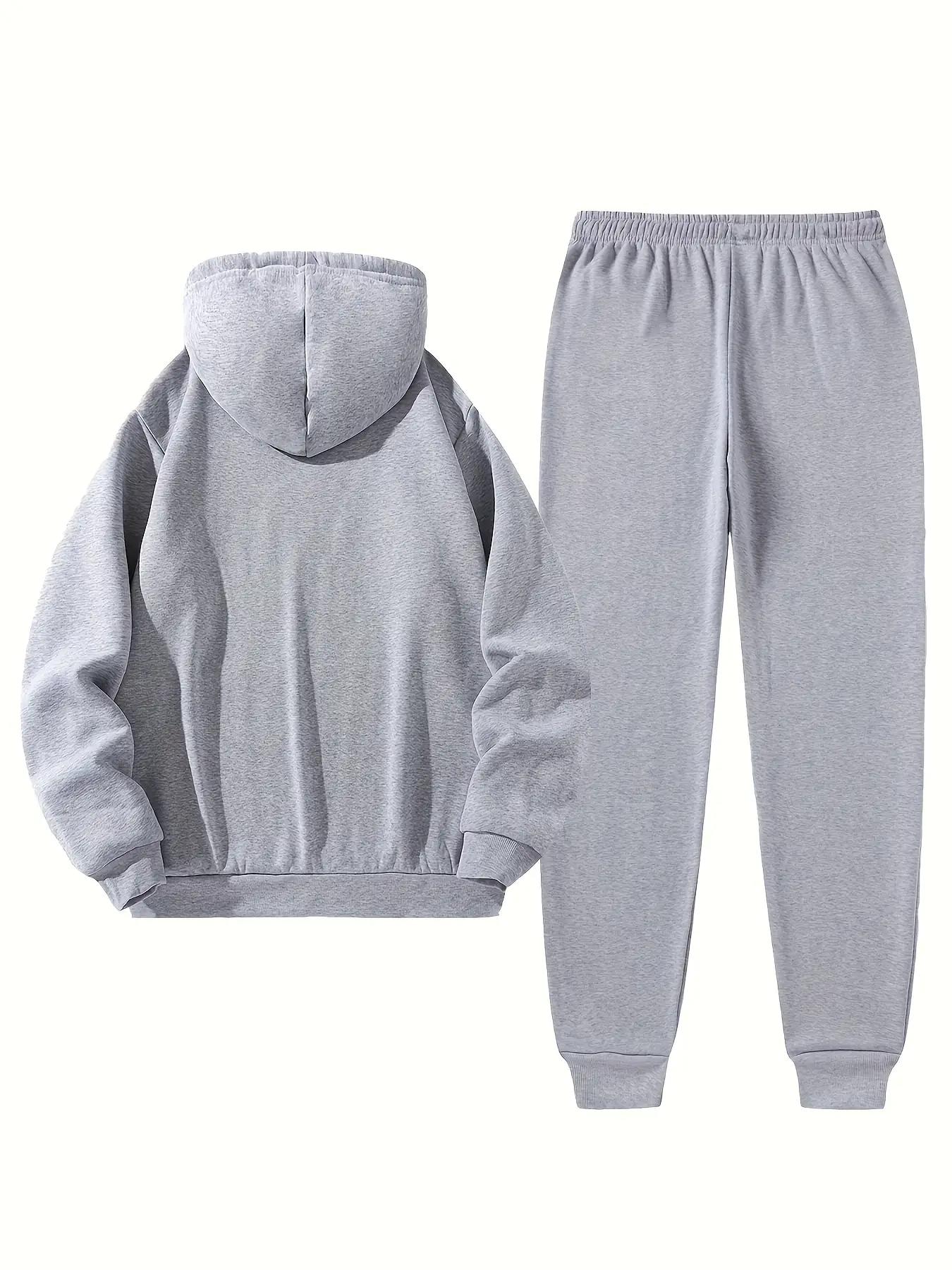 Men's sports two-piece hooded sweatshirt and pants set - gray with black logo, non stretch fabric, regular style, pocket, suitable for autumn and winter, casual wear | hooded sweatshirt | pocket pants, sweater hooded sweatshirt