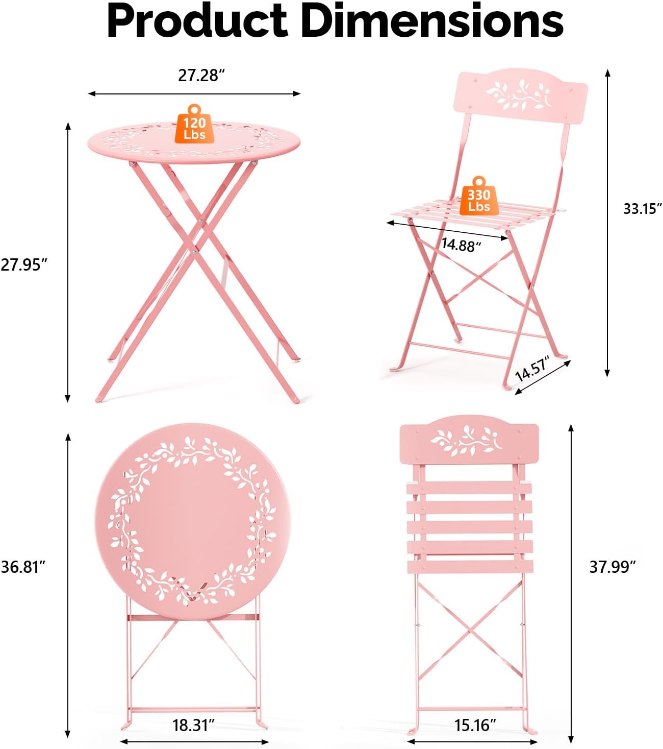 VINGLI Outdoor Folding Bistro Table and Chairs Set of 2, 3-Piece Bistro Set with Olive Leaf Cutout Design and Comfortable Cushions for Patio, Balcony, Garden, Porch, Yard