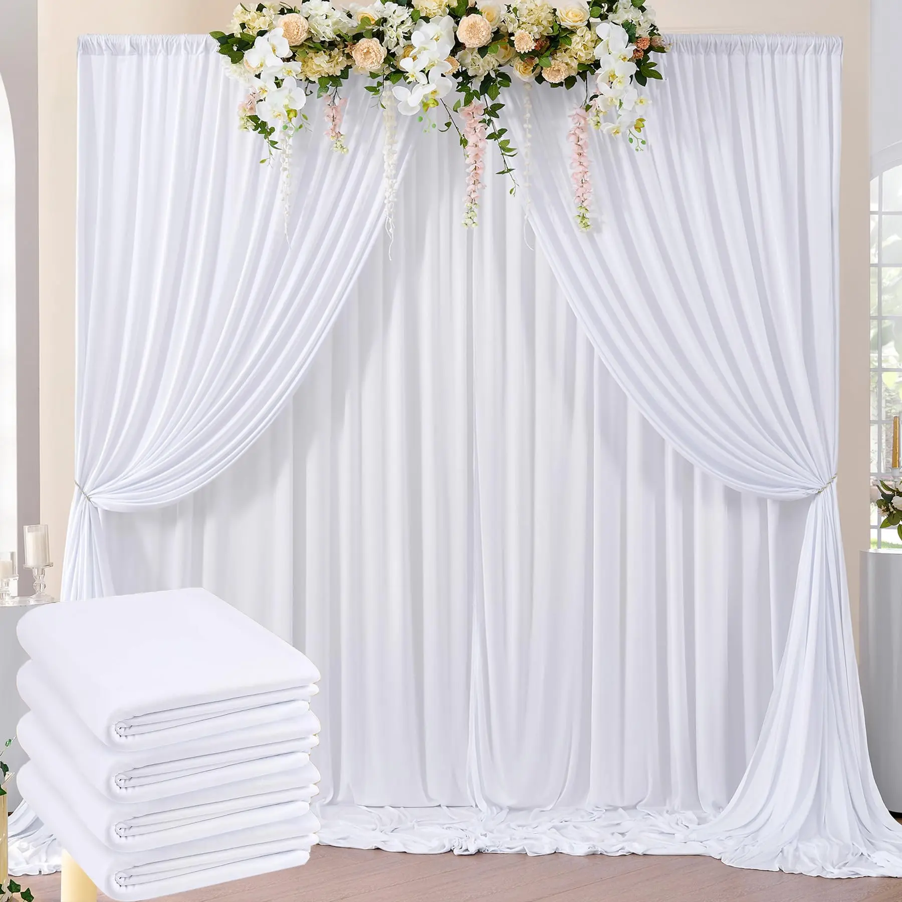 2pack/ 4pack Wrinkle Resistant White Backdrop Drapes 5x10ft, Polyester Photo Background Curtain for Party Wedding Birthday Baby Shower Photography