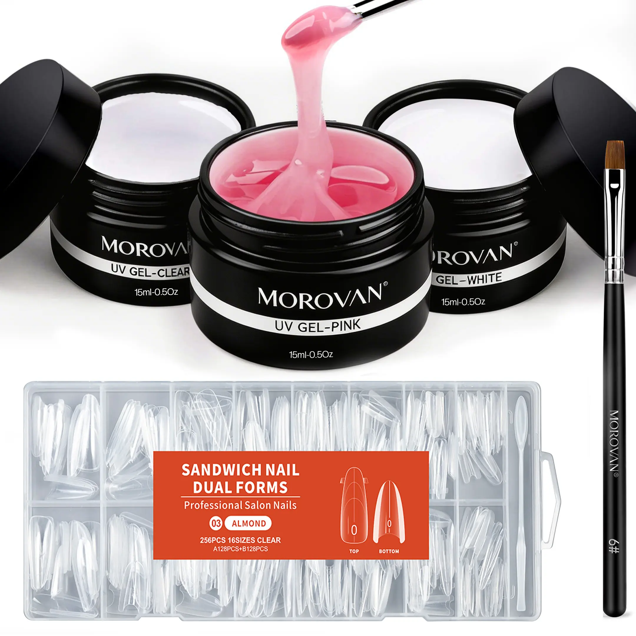 Morovan Sandwich Nail Kit 256 Dual Forms + 3 Builder Gels, Top & Bottom Nail Forms with Pink White Clear Builder UV Gel for Nail Extension，System for Beginners & Nail Techs