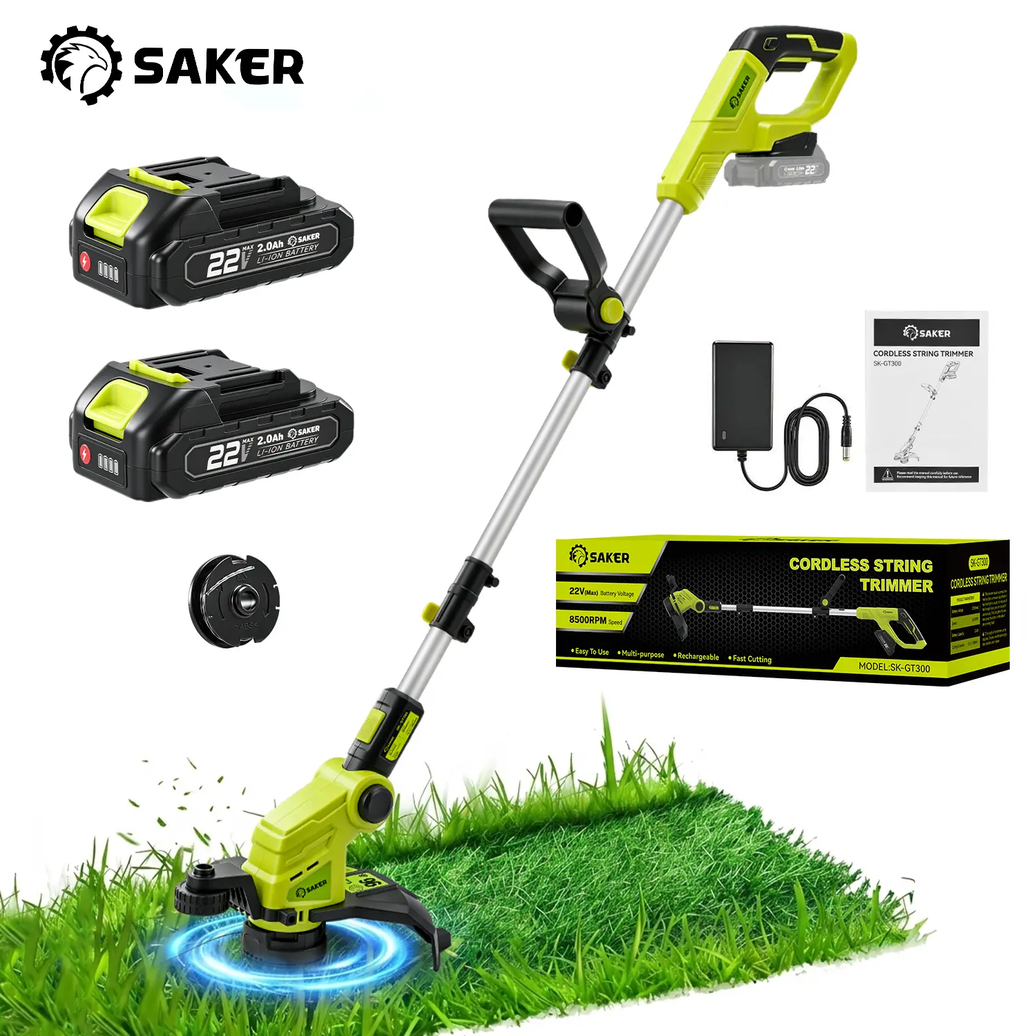 Saker Cordless Weed Wacker & 12-in Lawn Mower, 3-in-1 Garden Tool (Mower, Trimmer, Edger) with Auto Cord Feed, 2×2.0Ah Batteries, Lightweight for Small to Medium Backyards