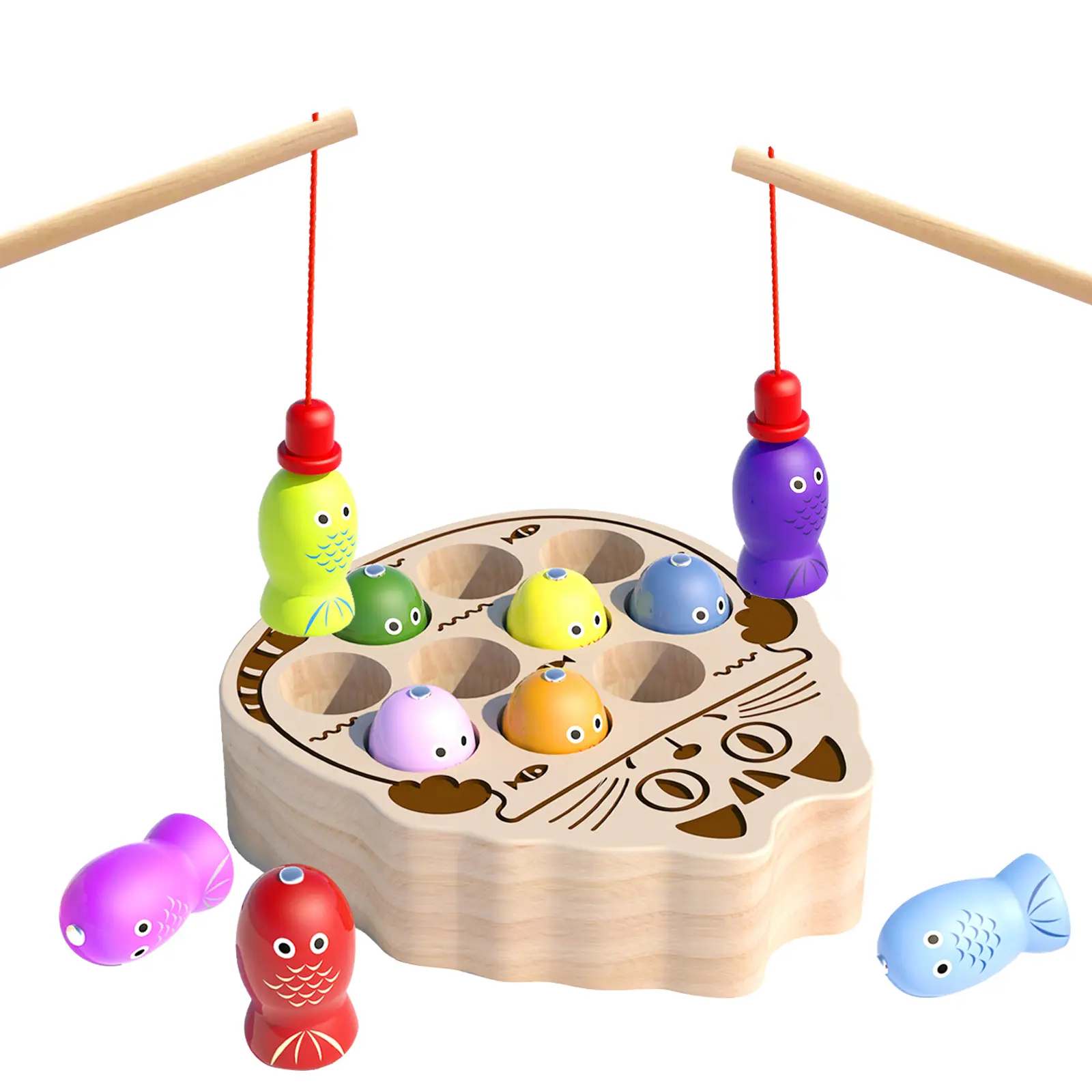 edutree Wooden Magnetic Fish & Frogs Fishing Game for Toddlers 1-3, Montessori Sensory Activity Board, Fine Motor Skills Busy Board Kids Toddler Toy for Children Development, Mother's Day Gift