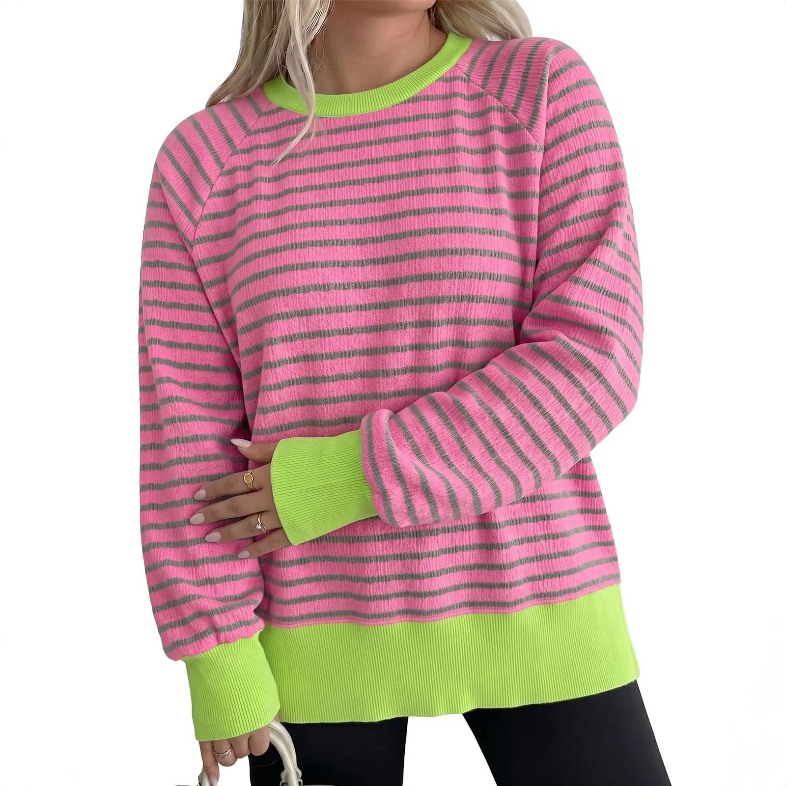 Eytino Women Plus Size Sweatshirt Long Sleeve Crew Neck Color Block Striped Oversized Pullover Tops(1X-5X)