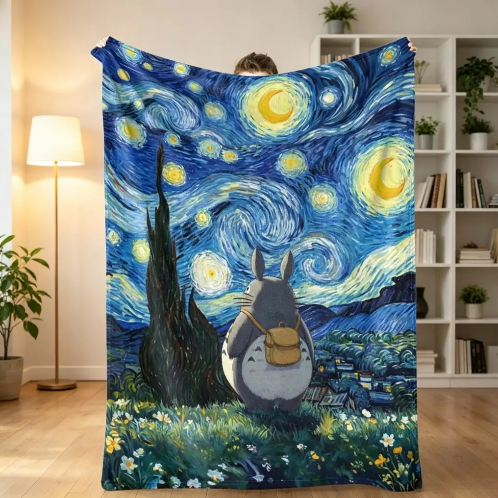 Starry Night Totoro Flannel Blanket - Classic Van Gogh Style Art Print Throw with Artistic Touch, Fade Resistant Flannel Fabric, Soft Warm Cozy for Bedroom/Office, Studio Ghibli Fan Gift