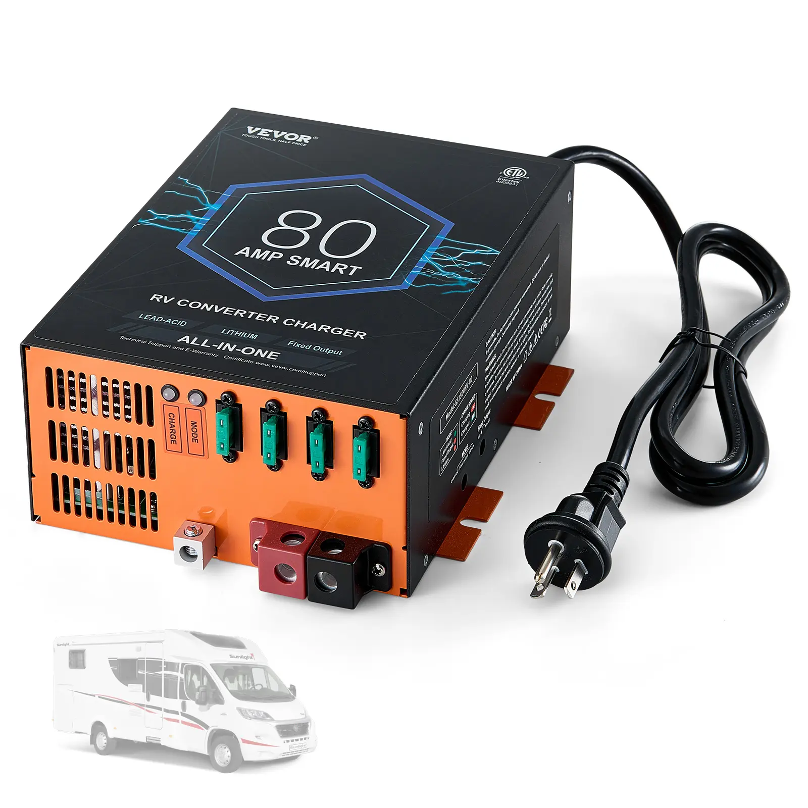 VEVOR 80A Max Metal Body RV Power Converter Charger, 110V AC to 12V DC, 4-Stage Smart Charge, 13V-16.5V Adjustable Range, Li/Lead Acid Mode, 80A Drives 12V Gear, 75Ah to 80Ah Compatibility, Over-Temperature Protection, Inverter System for RV Users