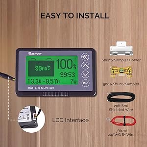 Renogy 500A Battery Monitor with Shunt, High and Low Voltage Programmable Alarm, Range 10V-120V up to 500A, 20ft Shielded Cable, Compatible 12V Lithium Sealed, Gel, Flooded Batteries,Black