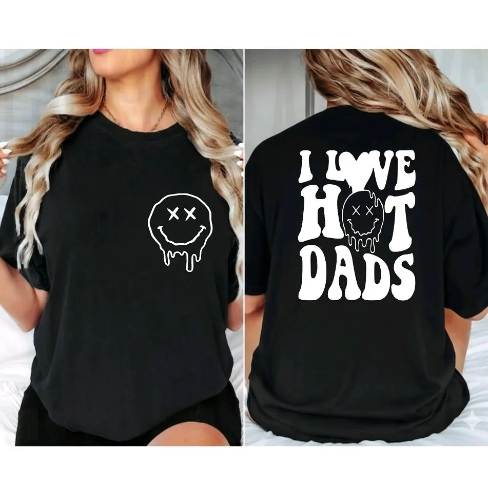 funny shirt I love hot dads humor popular retro wavy lettering trending Short Sleeve Unisex Top Tshirt