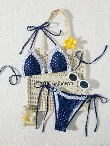 Women's Lace Polka Dot Bikini Set, Adjustable Tie Side Flattering Two-Piece Swimwear, Beach Vacation Womenswear