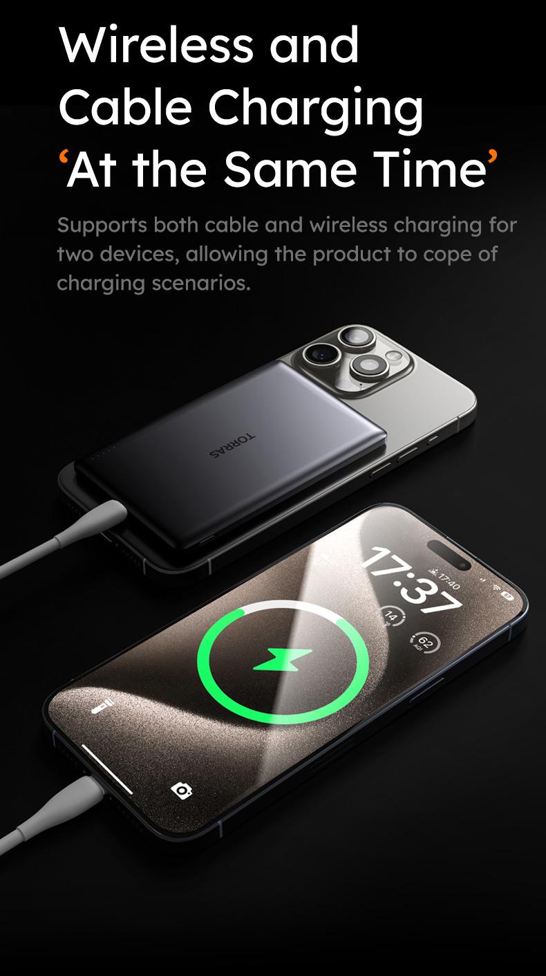 TORRAS MiniMag Power Bank Ultra Slim 5,000/10,000mAh 0.3 in Wireless MagSafe Portable Charger with USB-C Cable, Fast Charging Magnetic Battery Pack for iPhone 16/15/14/13/12 Pro Max