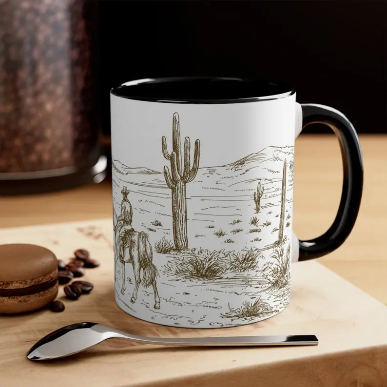 Cowboy Accent Coffee Mug, Western Rodeo Horseback Riding Cup, Rustic Wild West Drinkware, Retro Vintage Hoedown Ceramic Tea Cup - wes10041