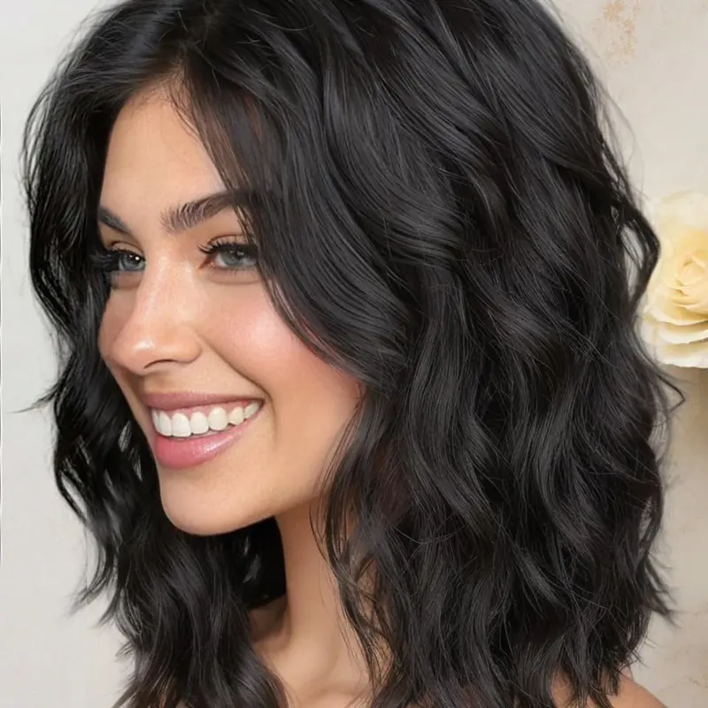[AISI ] 14 Inch Natural Black Wigs for Women - Shoulder Length Wave Wig with Pre-Cut Lace Hairline, Middle Part Natural Wavy Bob Synthetic Heat Resistant Fiber for Daily and Party