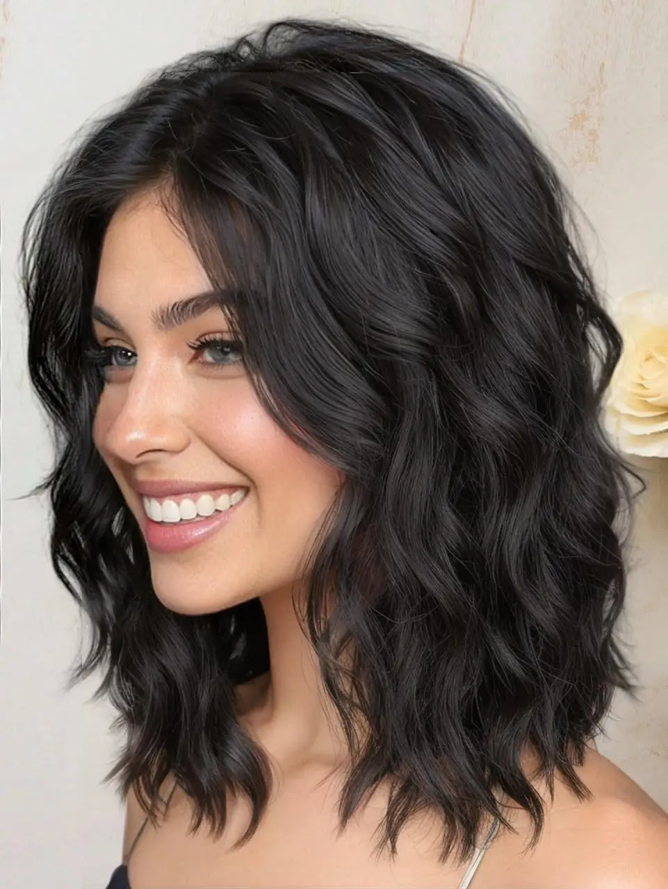 [AISI HAIR] 14 Inch Natural Black Wigs for Women - Shoulder Length Wave Wig with Pre-Cut Lace Hairline, Middle Part Natural Wavy Bob Synthetic Heat Resistant Fiber for Daily and Party