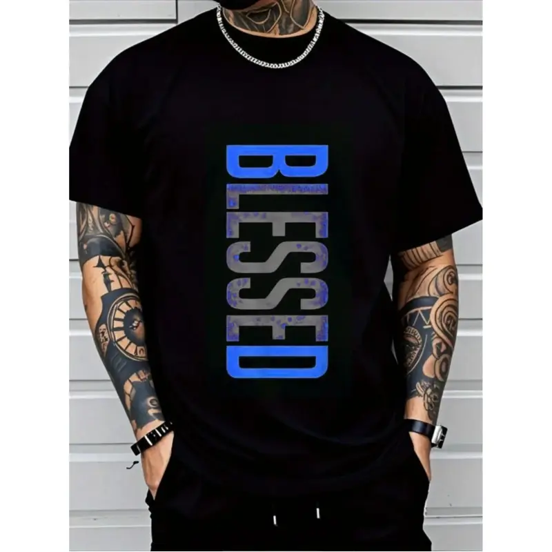 Aesthetic "BLESSED" Graphic T-Shirt | Premium 100% Cotton Heavyweight Tee | Men's Plus Size Religious Faith Apparel | Retro Blue Gradient Typography Top | Soft Breathable Casual Streetwear Gift