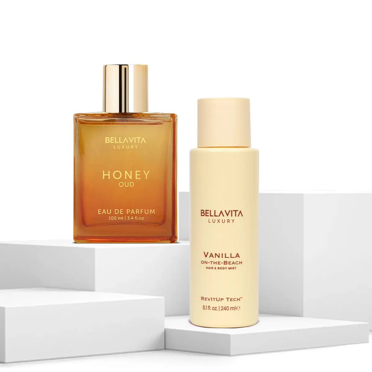 The Golden Dusk Duo by Bellavita Luxury | Honey Oud Eau De Parfum & Vanilla on the Beach Hair & Body Mist | Sweet Oud & Warm Vanilla | Notes of Honey & Tropical Vanilla | Long Lasting Fragrance & Revivable Water Based Mist | Vegan & Cruelty-Free Captivati