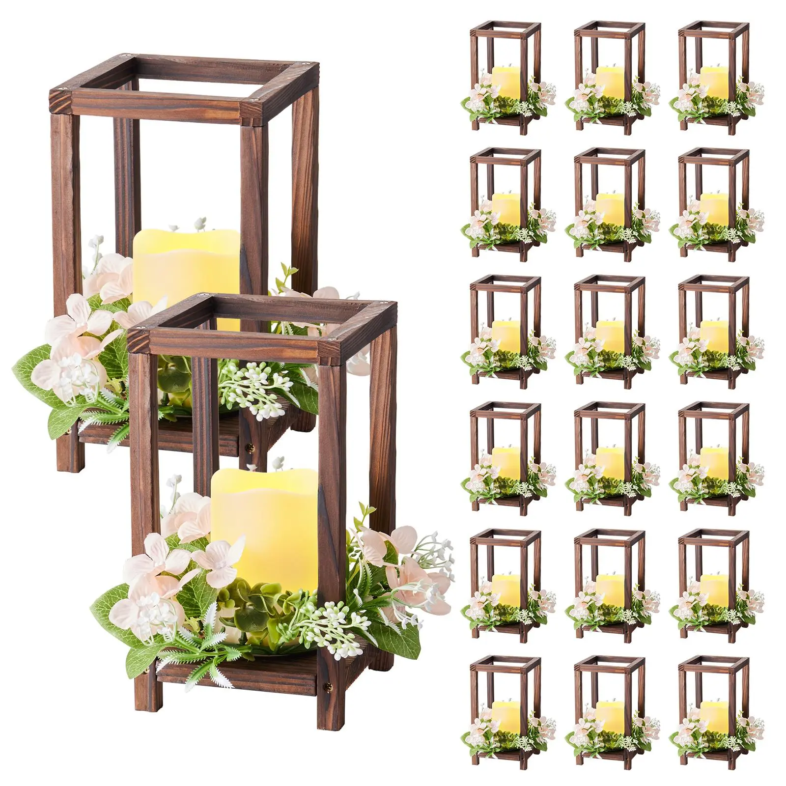 【SummerFinds】VEVOR 20 Set/60 Pcs Wooden Wedding Lantern Centerpiece, Includes 20 Wooden Lantern Candle Holder 20 Flameless LED Candle 20 Champagne Flower Wreath for Wedding Table Party Farmhouse Decor, Brown