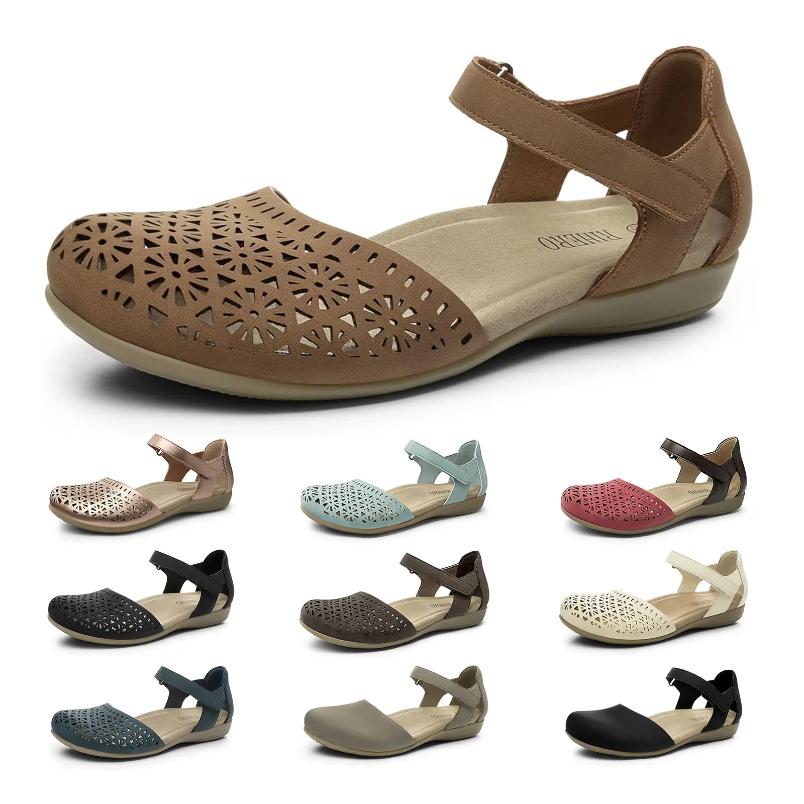 Rihero Women's Orthopedic Closed-Toe Flat Sandals - Elegant Classy Sandals with Breathable Hollow-Out Design, Comfy Arch Support, Adjustable Strap, Non-Slip Sole - Ideal for Work, Walking, Women's Sandals,summerwins,summeroutfits,vacation & beachoutfits
