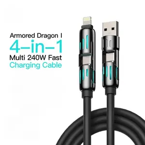240W 4-in-1 USB-C Cable, PD 5A Fast Charging, Data Sync, USB-A, Type-C, Lightning, Aluminum, Compatible with iPhone 16/15, iPad, Samsung, Laptops