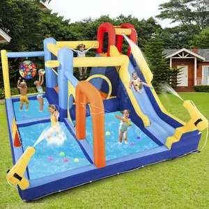Inflatable Water Slide & Water Park Bounce House with Slide Bouncer Castle Playhouse Splash Pool Climbing Wall Trampoline Felt Ball Target Ring Toss Game for Kids Outdoor Fun 550W Air Blower