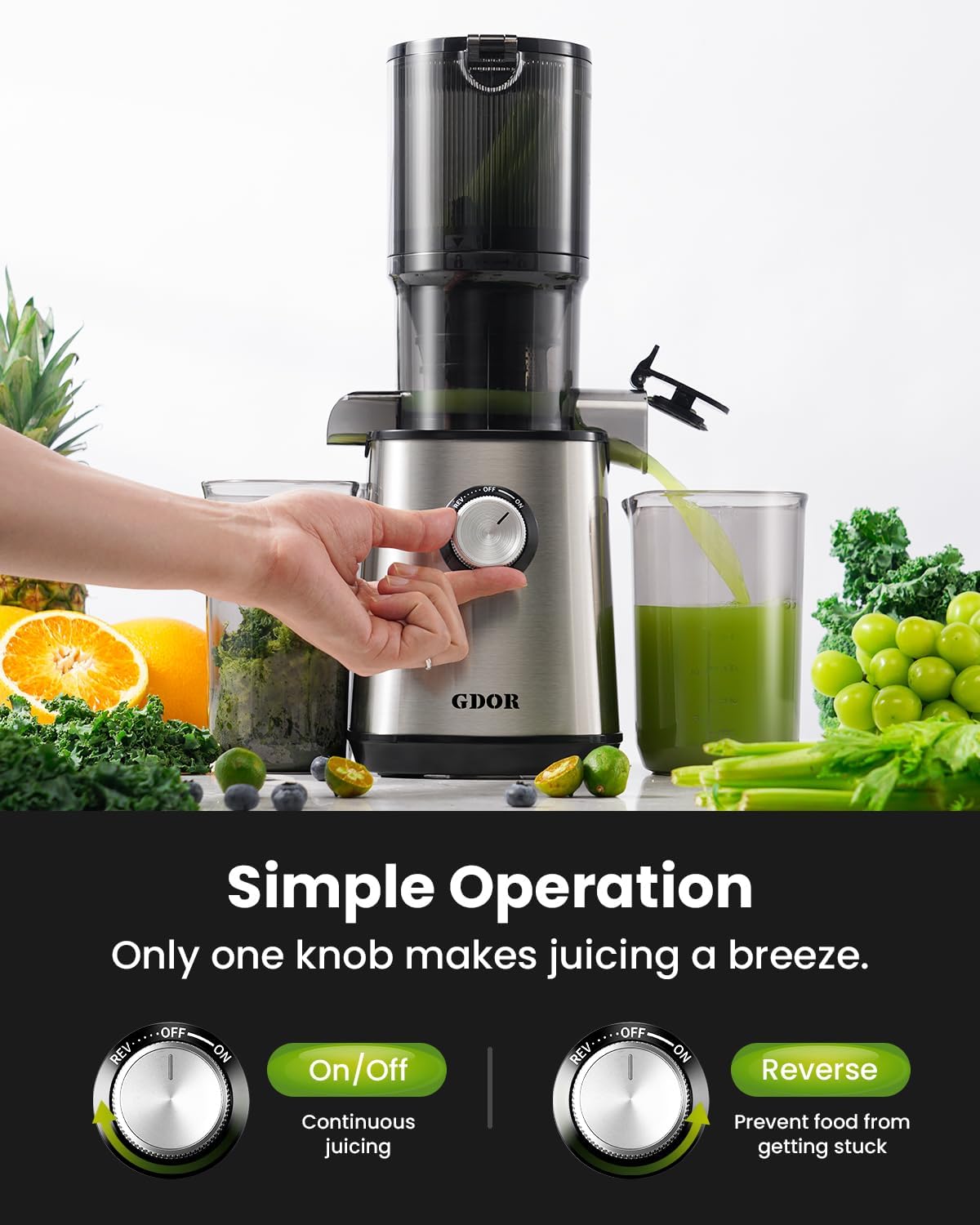 GDOR Cold Press Juicer 5.3" Wide Chute 150NM Motor High Yield Easy Clean Slow Masticating Extractor with Anti-Drip Spout & 41oz Hopper