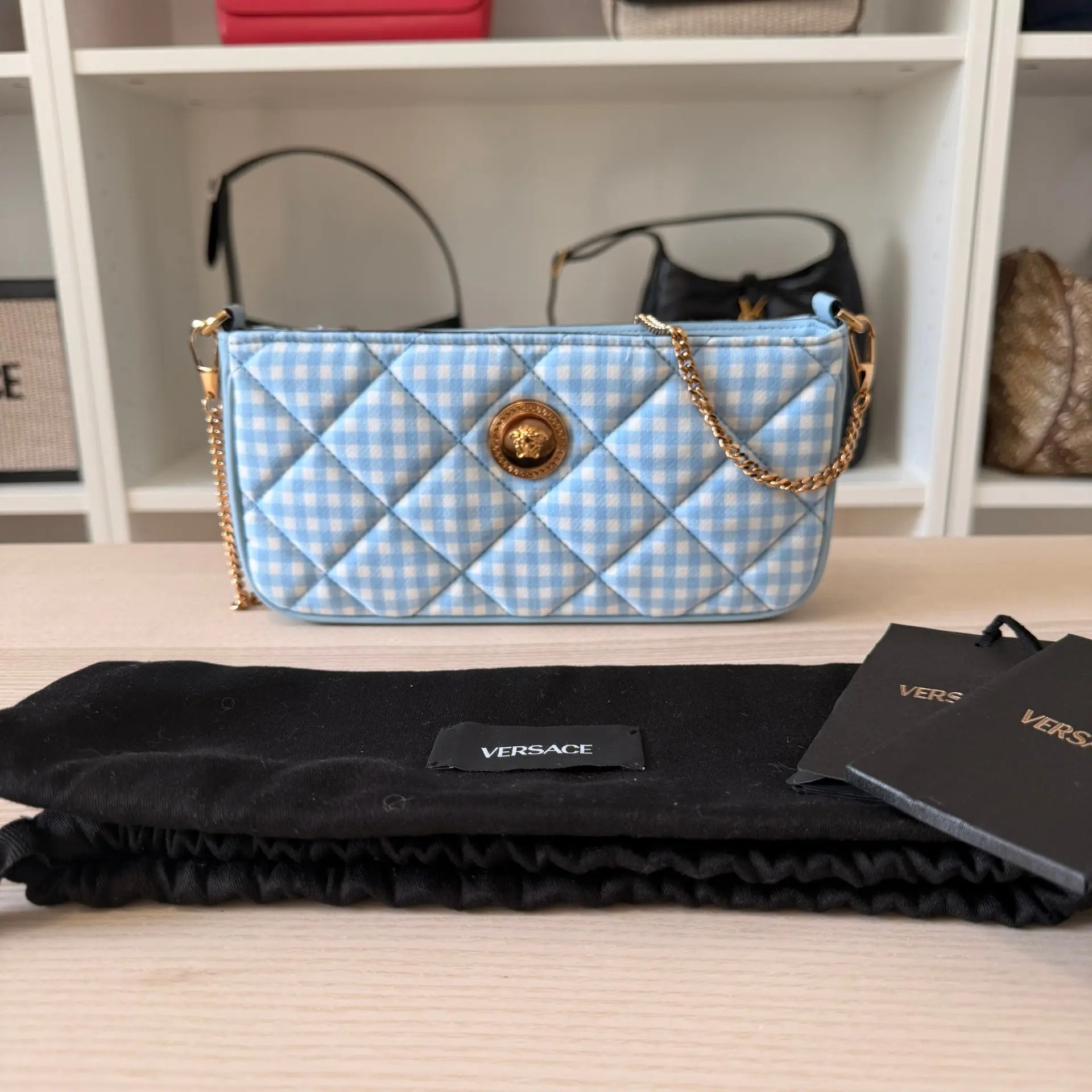 Pre-owned VERSACE Coated Canvas Shoulder Bags Medusa Crossbody/Shoulder Bag Checkered Blue