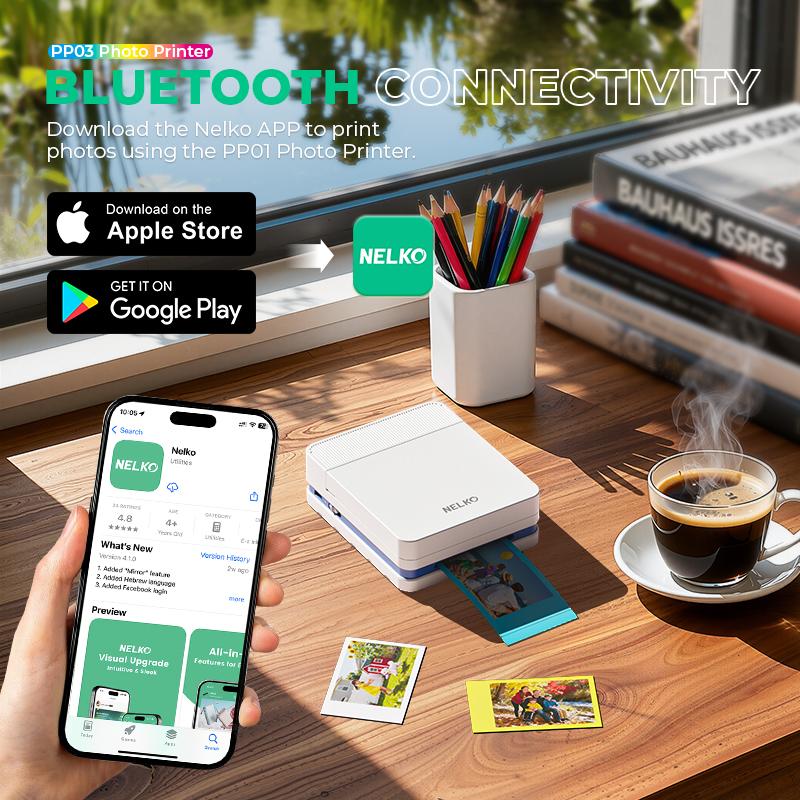 Nelko Pocket PP03 Instant Smartphone Inkjet Photo Printer With 100 Photo Papers, Portable Mini Color Wireless Mobile Printer, Bluetooth Compatible with iOS & Android Devices, Fun Editing App, Ideal Valentine's Day Gift