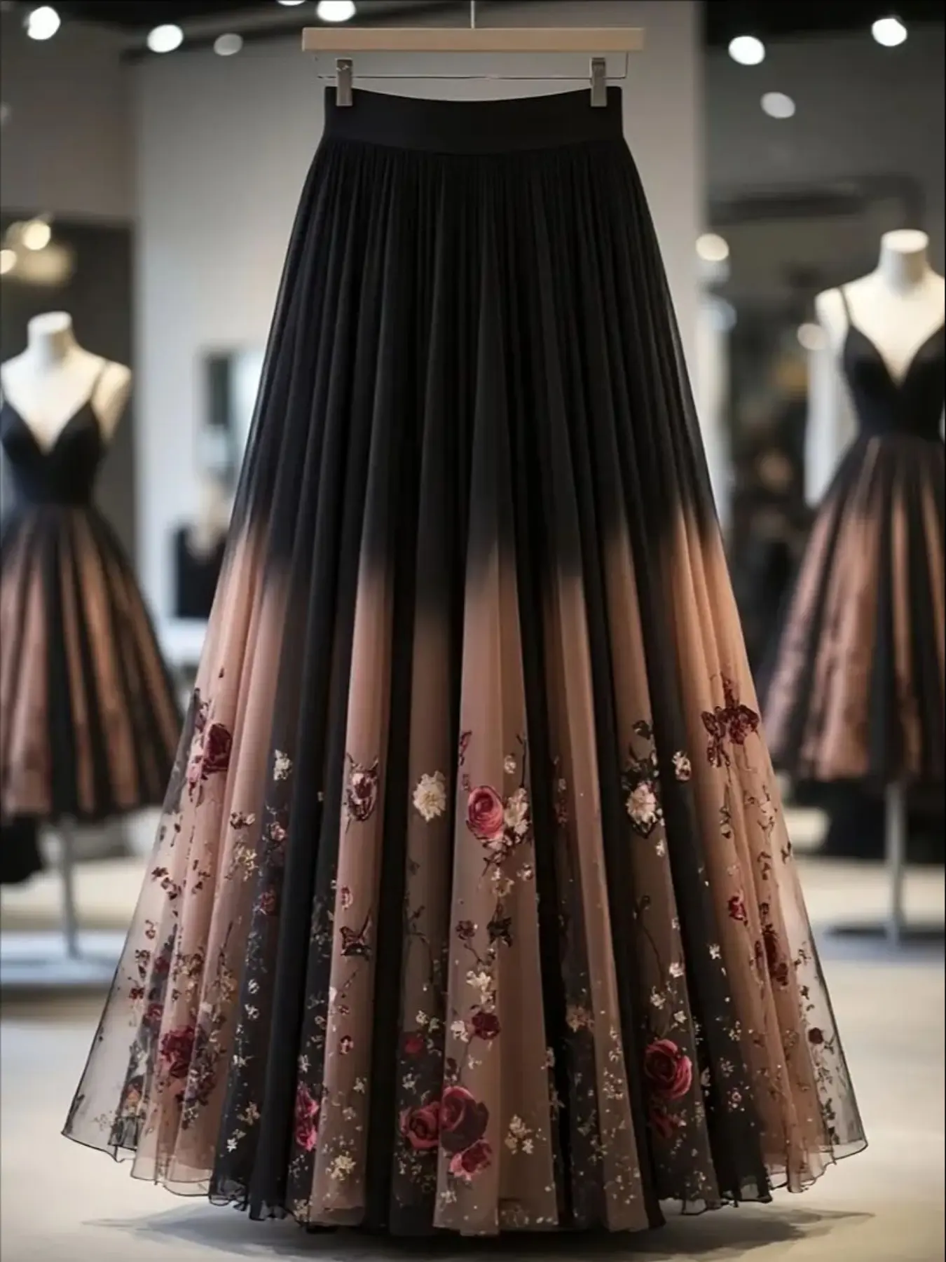 Elegant Rose Print Mesh Lightweight Fitted Half Body Skirt, Long Floral Pattern Dress, Women's Fashion Clothing, Perfect for Parties & Special Occasions, Breathable Tulle Skirt, Floral Printed Skirt, Floral Skirts