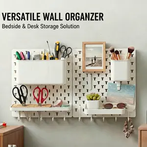 Aesthetic No-Drill Pegboard Wall Organizer Kit (14-Piece Value Set) | Damage-Free Modular White Peg Board with Shelves & Hooks | Ideal for Desk Setup, Room Decor, Gaming Room, Office Storage, Bathroom & Kitchen | Renter Friendly Wall Decor 22"x11"