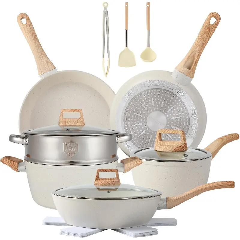 16PCS Nonstick Aluminium Pots and Pans Set - Silicone Spatula, Transparent Lid, Multi-Size Reusable Even-Heating All-In-1 Cooking Kit for Valentine's Day Indoor Recreation Leisure Activities