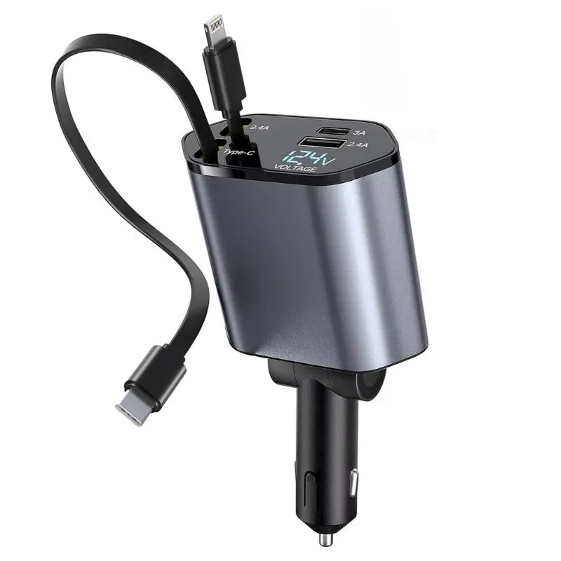 【Summer Survivals】Joytutus 120W Retractable Car Charger 4-in-1 Fast Charging for iPhone Samsung iPad with 2 USB C Cables for 12V-24V Devices Type-C Output 5V/3A USB-A 5V/2.4A