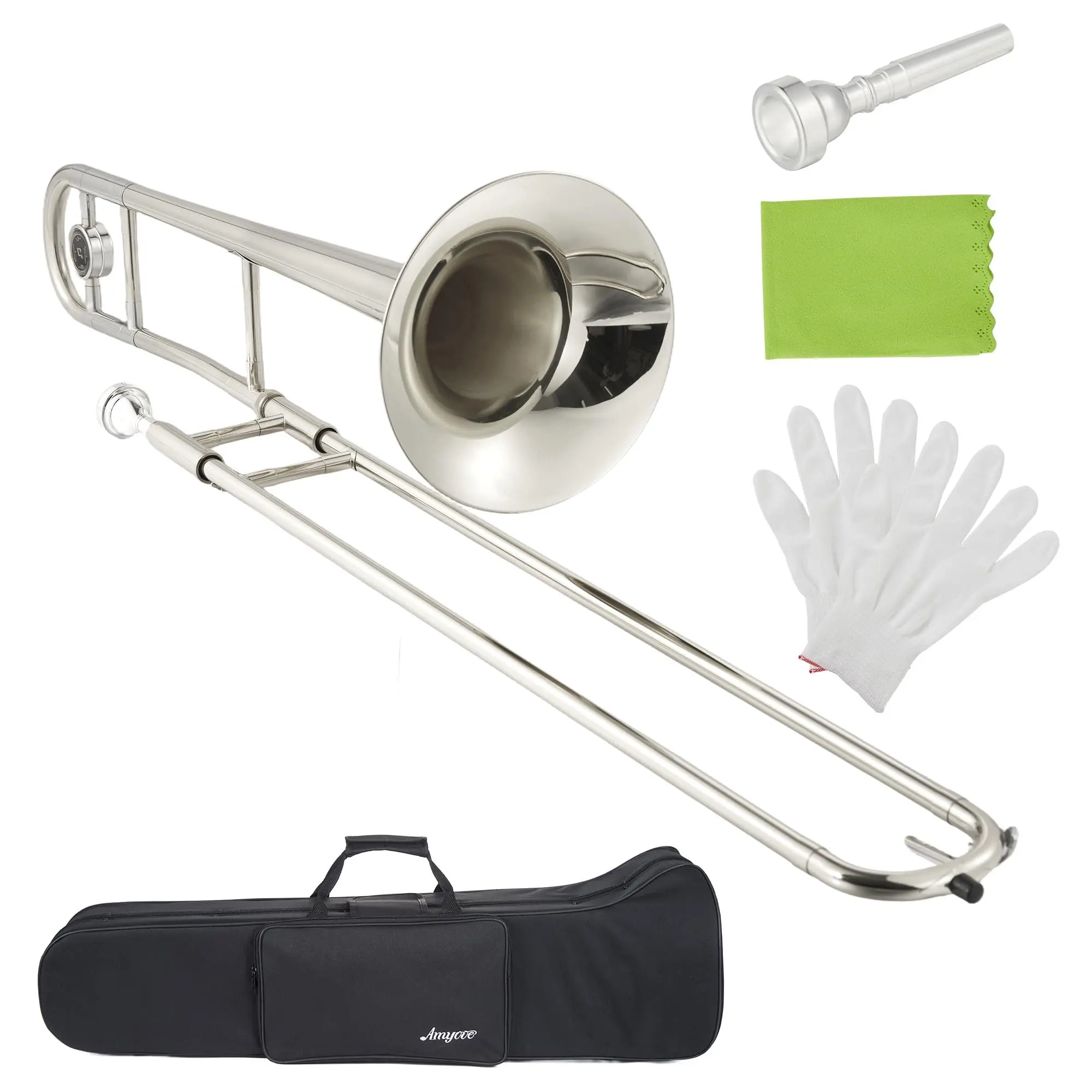 Professional Bb Alto Trombone for Beginners-Students, Nickel-Plated Brass, Hard Case, Mouthpiece, Cloth, Gloves, Accurate Tone, Powerful Sound, Suitable for Concert Band, Student