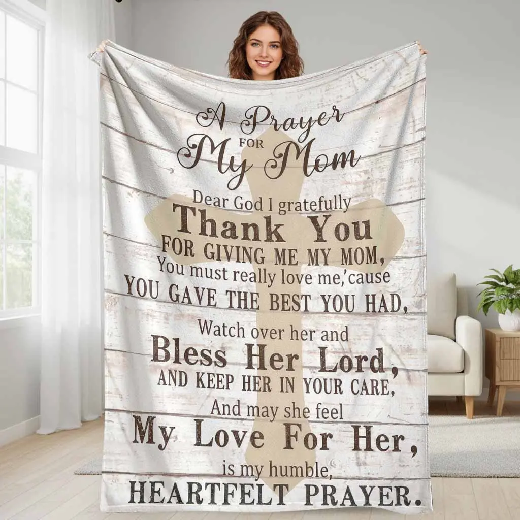 "A Prayer for My Mom Flannel Throw Blanket - Rustic Cross, Heartfelt Love Quote Print, Wrinkle-Resistant, Lightweight, Soft, Breathable, Machine-Washable - Ideal Mothers Day Gift for Bedroom Prayer Space"