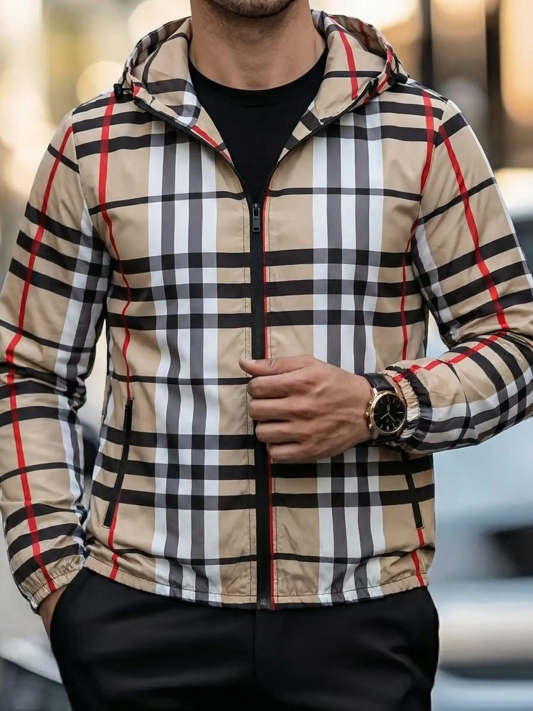Men's Plaid Checked Hooded Jacket - British-Style Lightweight Urban Casual Fitted Polyester Outerwear with No Pocket Design, Alternative Streetwear Men's Lightweight Jackets, Tops