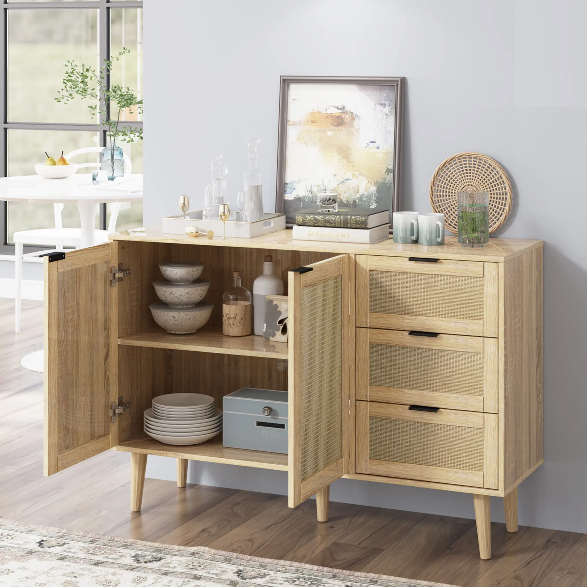 Sturdy Modern Freestanding Wood Rattan Cupboard - Durable Storage Furniture, Buffet Cabinet with 2 Rattan Doors, 3 Drawers, Adjustable Shelf, Easy-to-Read Instructions, Assembly Required for Kitchen, Living Room