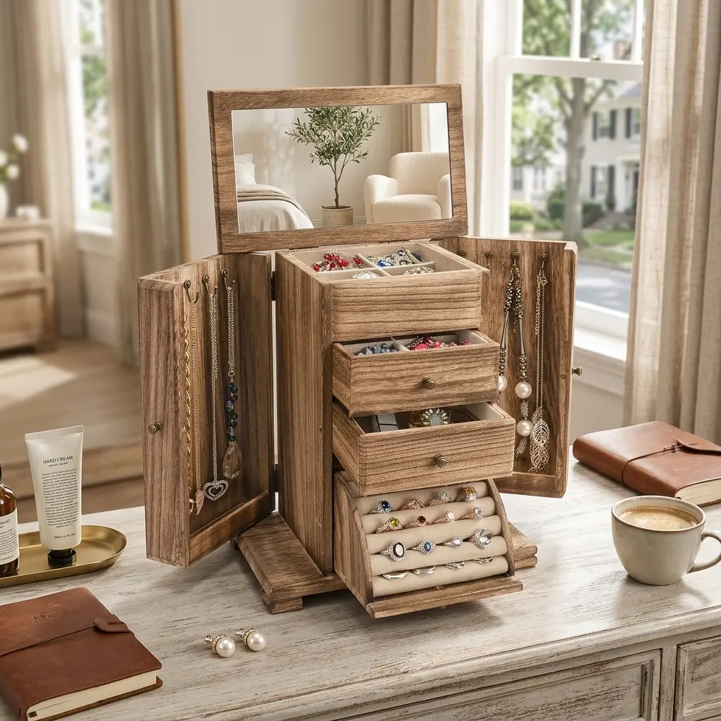 Emfogo Jewelry Box for Women, Rustic Wooden Jewelry Boxes & Organizers with Mirror, 4 Layer Jewelry Organizer Box Display for Rings Earrings Necklaces Bracelets