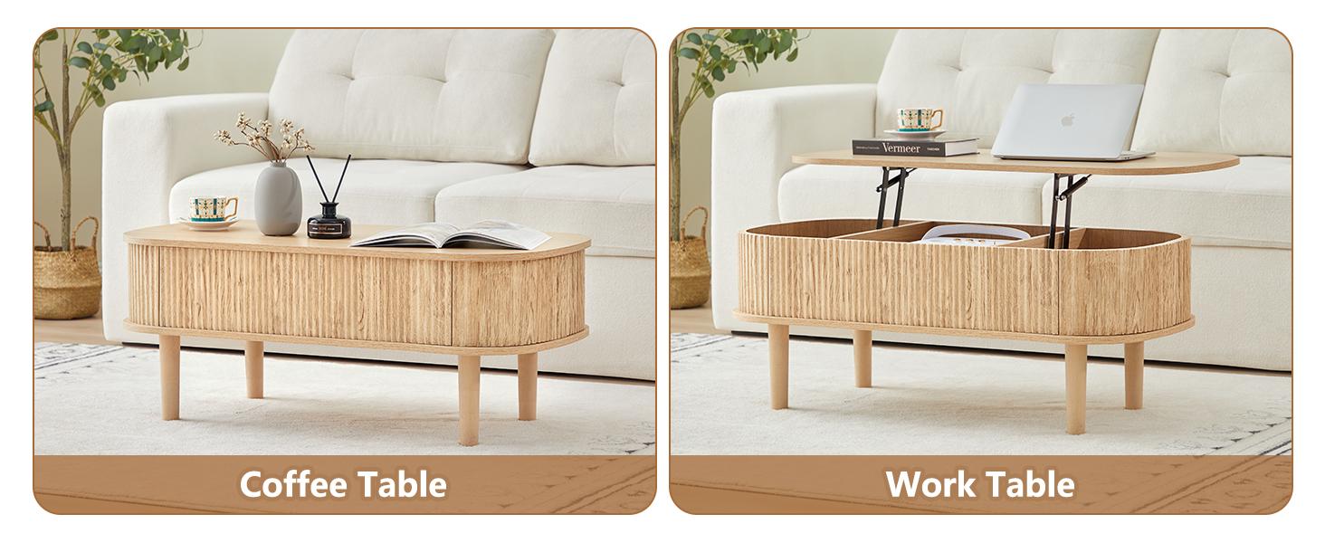 Giratree Fully Assembled Wooden Center Table, Fluted Lift Top Coffee Table with Hidden Compartment, Modern Oval Lift Tabletop for Home Living Room Office
