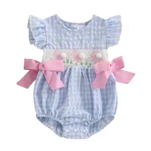 Baby Girl Smocked Easter Outfit Fly Sleeve Bunny Carrot Embroidery Plaid Bowknot Bubble Romper Bodysuit Infant Summer Clothes #Springtok