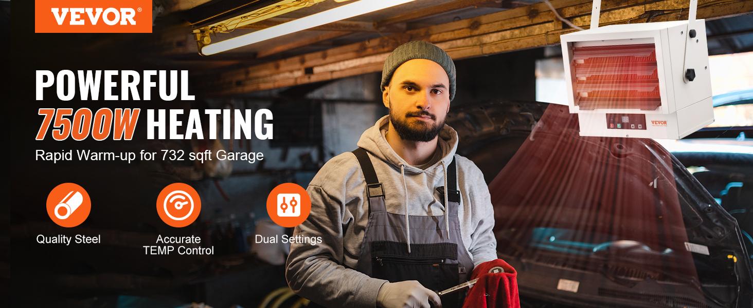 VEVOR Electric Garage Heater,  7500-Watt Digital Fan-Forced Wall/Ceiling Mount Shop Heater, with Remote Control Overheat Protection, Hardwired Heater with 9-Hour Timer, Ideal for Workshop, ETL Listed