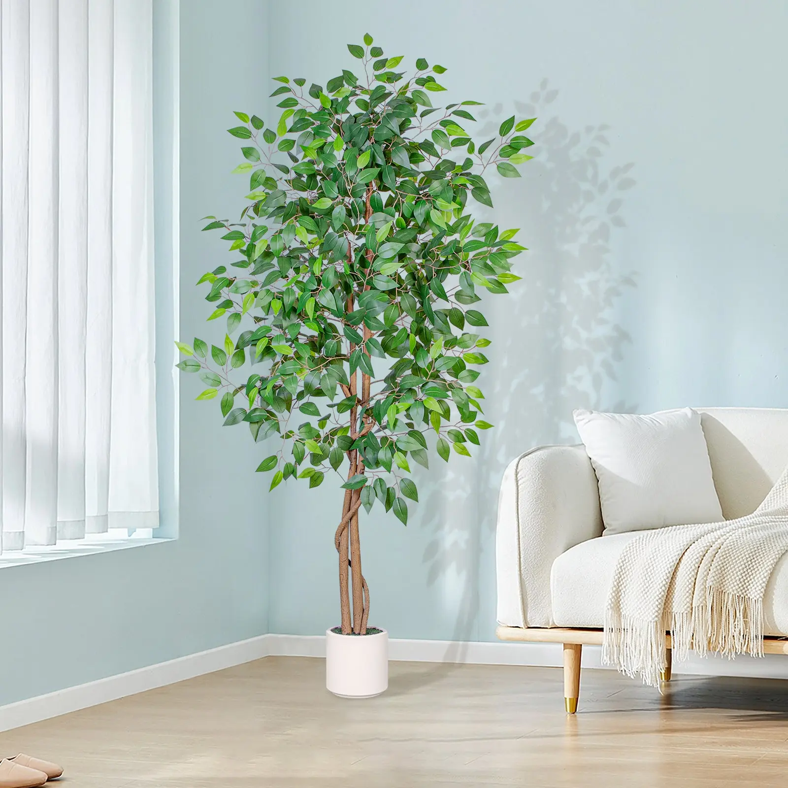 5FT Artificial Ficus Tree with White Planter, Realistic Faux Silk Indoor Outdoor Plant for Home Office Living Room, Porch, Garden Decor