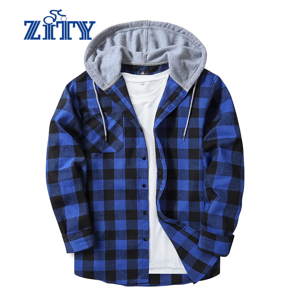 ZITY Men's Blue Plaid Hooded Flannel Shirt - Comfy Soft Fabric Button Down Hoodie - Casual Lightweight Checked Top for Men - Drake Style Streetwear gifts summerwins,