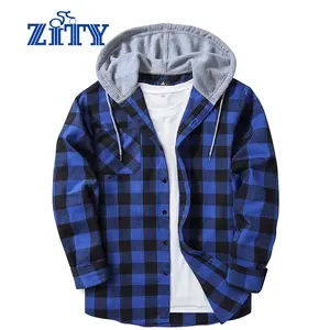 ZITY Men's Blue Plaid Hooded Flannel Shirt - Comfy Soft Fabric Button Down Hoodie - Casual Lightweight Checked Top for Men - Drake Style Streetwear gifts
