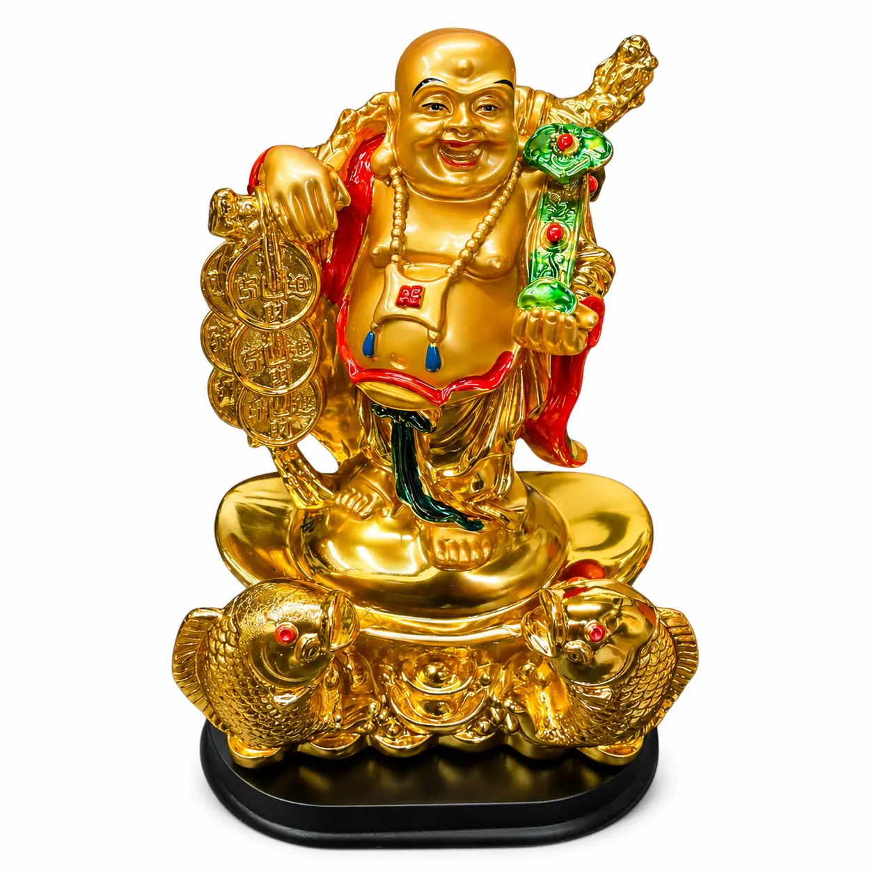 Golden Laughing Buddha Statue 8" with Money Bag & Fish Base | Feng Shui Wealth Buddha Figurine for Home, Office, Meditation Room, Altar Decor